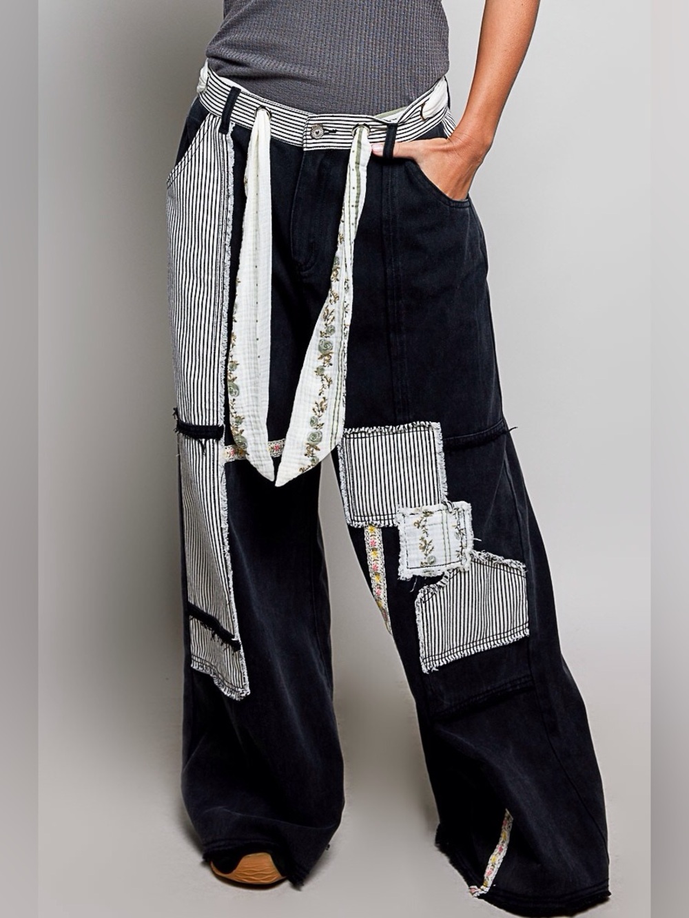 POL Black Wide-Leg Patchwork Pants with Striped & Floral Accents